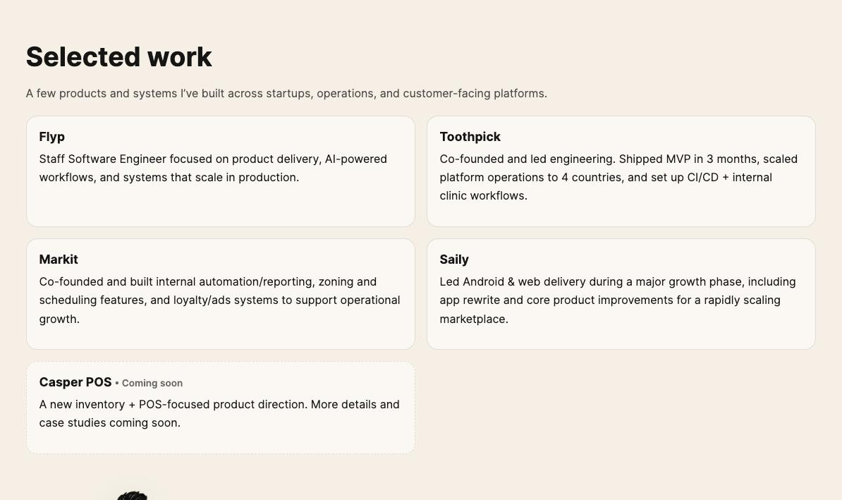 Selected work section after layout and card balancing